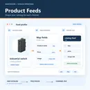 Product Feeds illustration: industrial switch catalog item mapped to channel feed fields and CSV output
