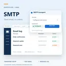SMTP illustration: store-scoped mail transport settings, test send and sample delivery log