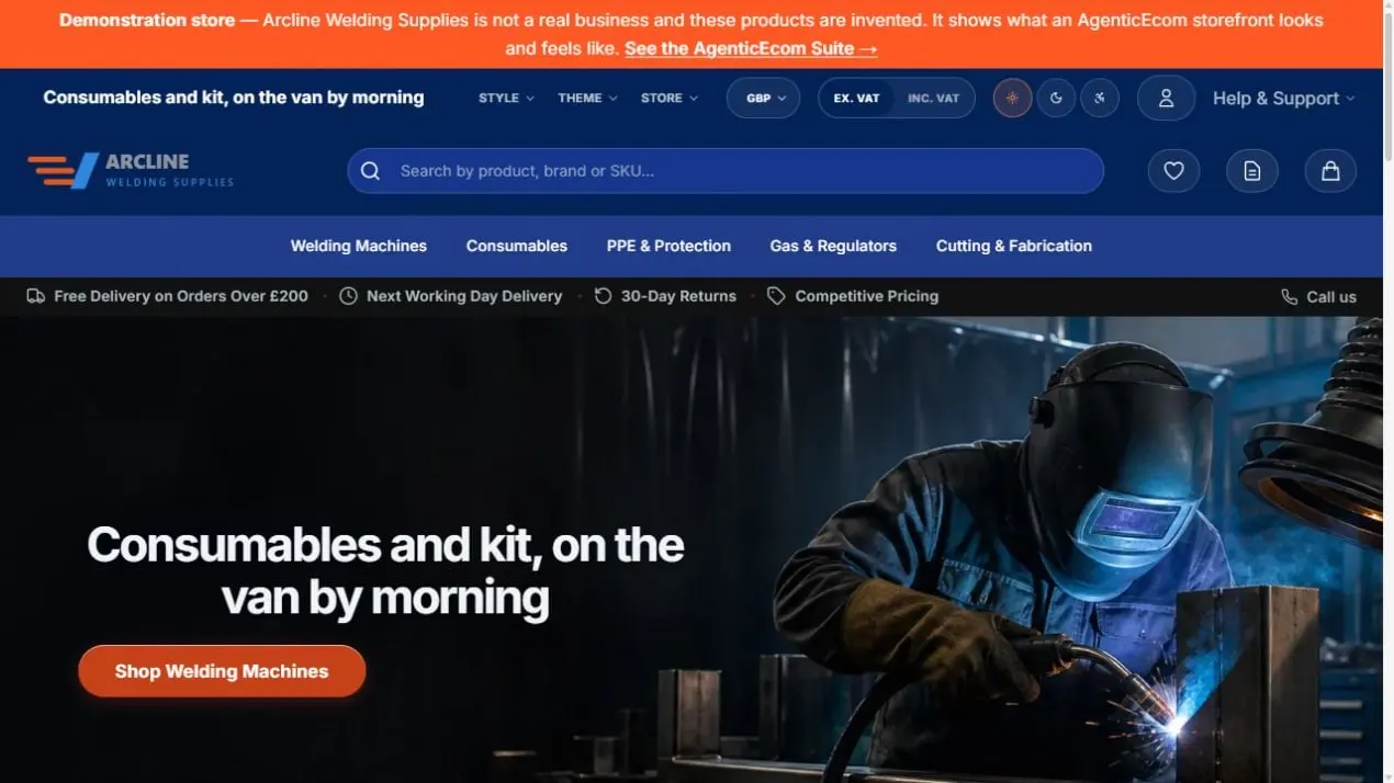 Arcline Welding Supplies demo storefront home page