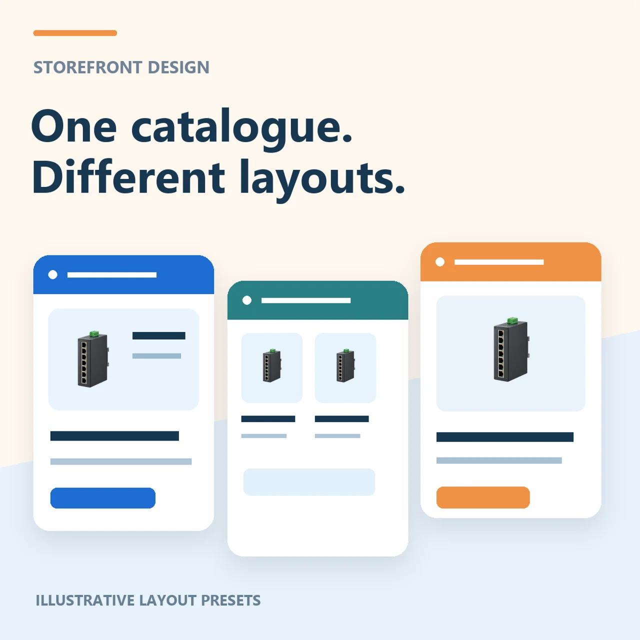 Illustrative storefront layouts presenting the same product in different designs
