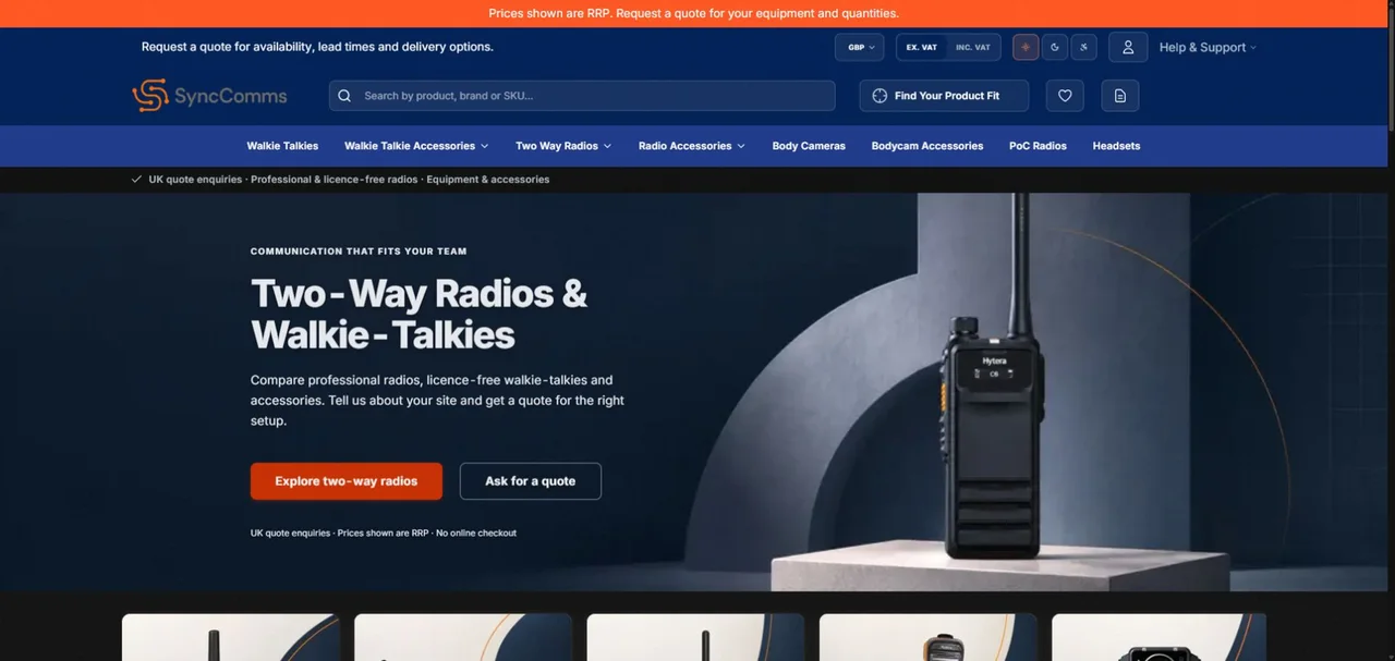 The live Synccomms two-way radio catalogue homepage