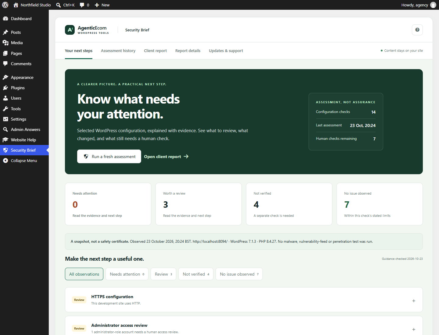 Security Brief version 1.0.0 in a real WordPress administrator screen on the Northfield Studio demonstration site